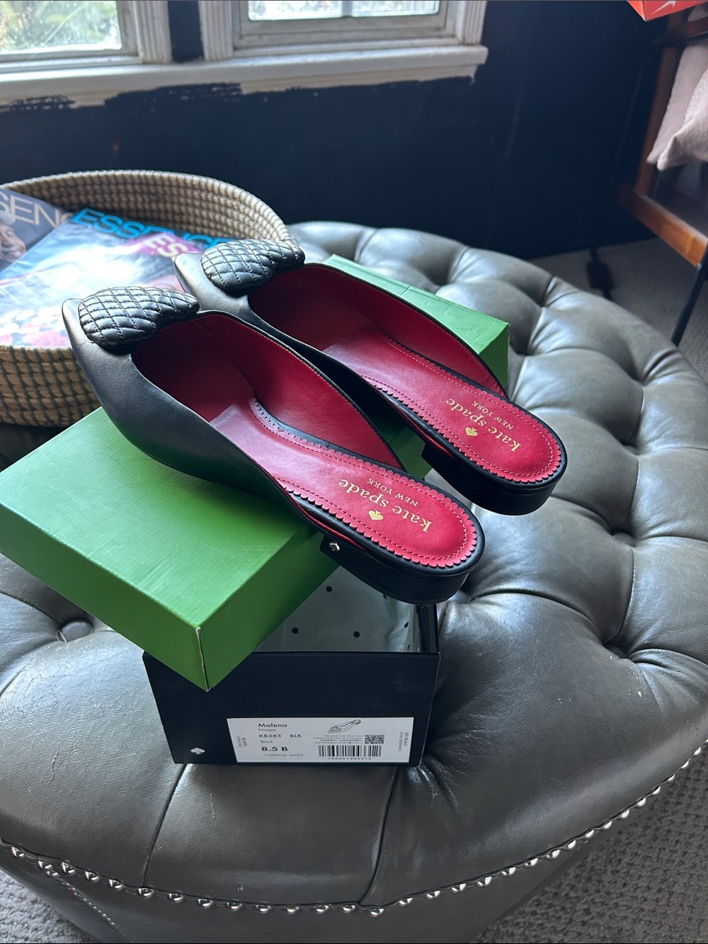 kate spade Black Quilted Toe Slip-On Mules with Red Insole